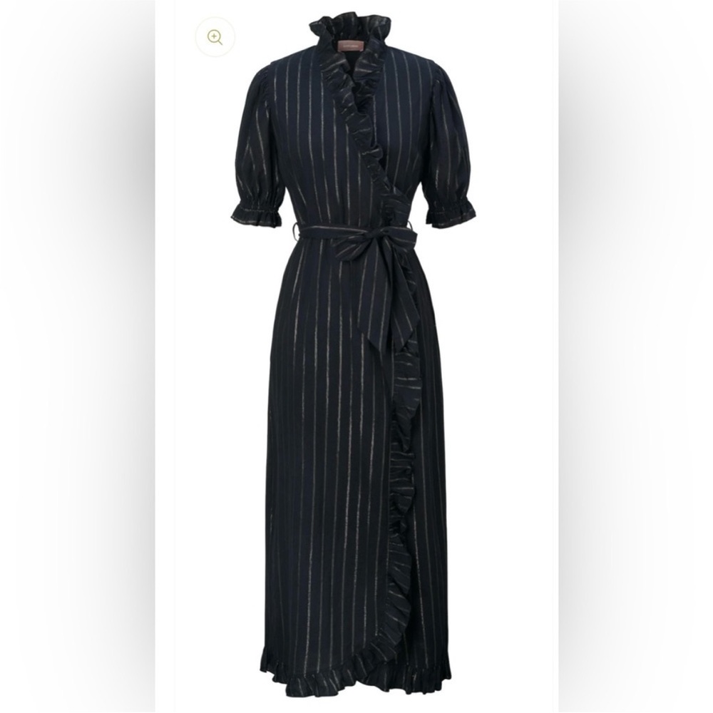 Kate Leigh Railroad Wrap Shimmer Metallic Stripe Ruffled Maxi Dress